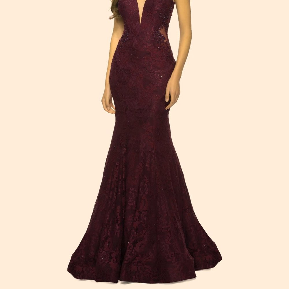 La Femme Dark Berry Sparkle Lace Mermaid Gown - Picture 6 of 6